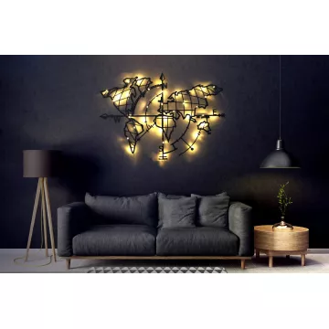 Метална ѕидна декорација World Map Compass Led - Black