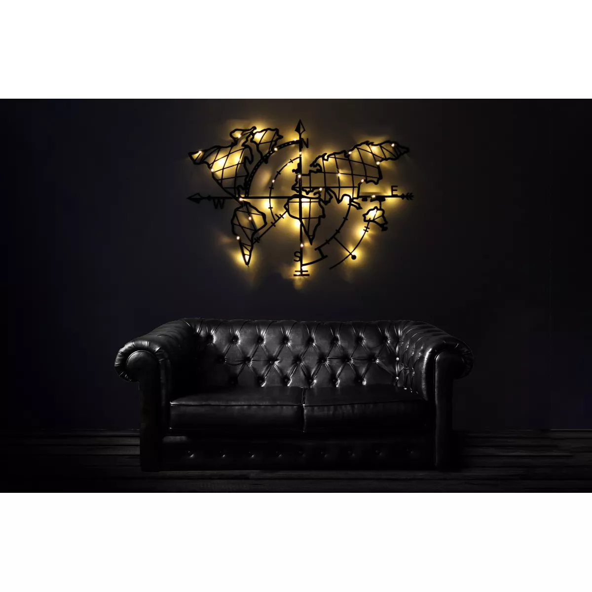 Метална ѕидна декорација World Map Compass Led - Black