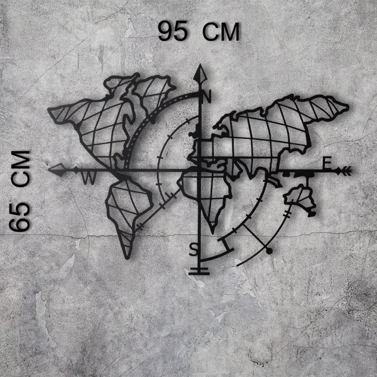 Метална ѕидна декорација World Map Compass Led - Black