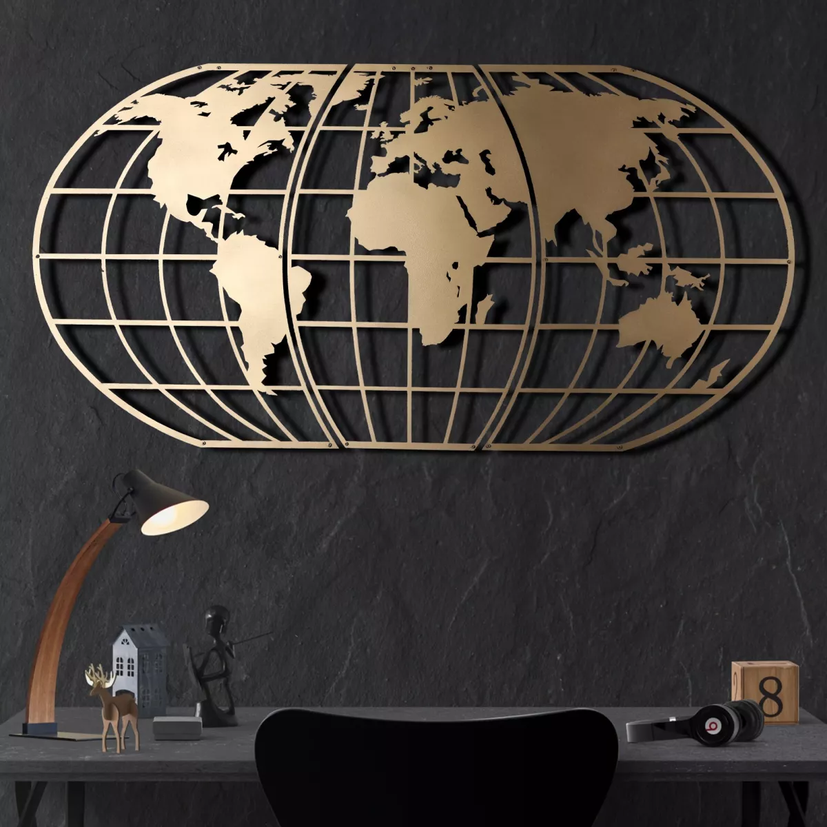 Метална ѕидна декорација World Map Globe - Gold